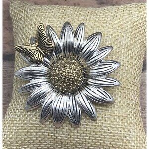 Beautiful Napier Two Tone Silver & Gold Sunflower & Butterfly Brooch Signed Mint
